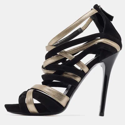 Pre-owned Alexander Mcqueen Black/grey Leather And Suede Strappy Sandals Size 37.5