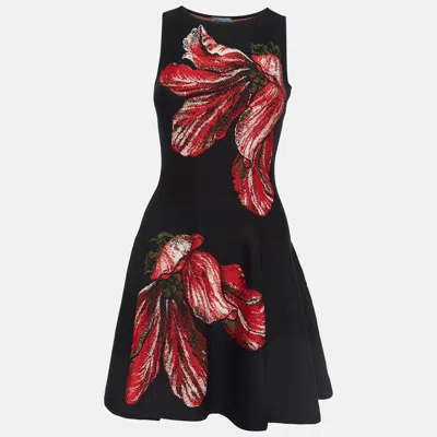Pre-owned Alexander Mcqueen Black/red Floral Intarsia Knit Fit & Flare Mini Dress Xs
