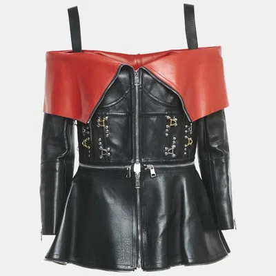 Pre-owned Alexander Mcqueen Black/red Leather Zip Front Cold-shoulder Top M
