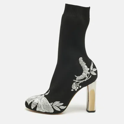 Pre-owned Alexander Mcqueen Black/silver Embroidered Knit Fabric Ankle Boots Size 37