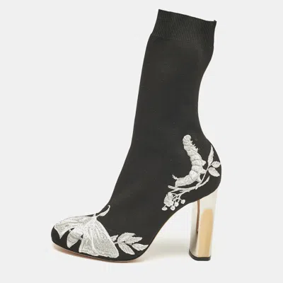 Pre-owned Alexander Mcqueen Black/silver Embroidered Knit Fabric Ankle Boots Size 37