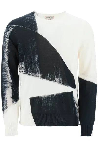 Alexander Mcqueen Men's White And Ivory Asymmetrical Print Crewneck Sweater