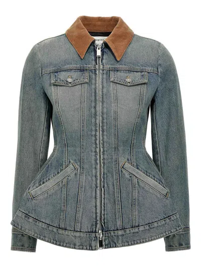 Alexander Mcqueen Corduroy Collar Peplum Denim Jacket Clothing In Blue