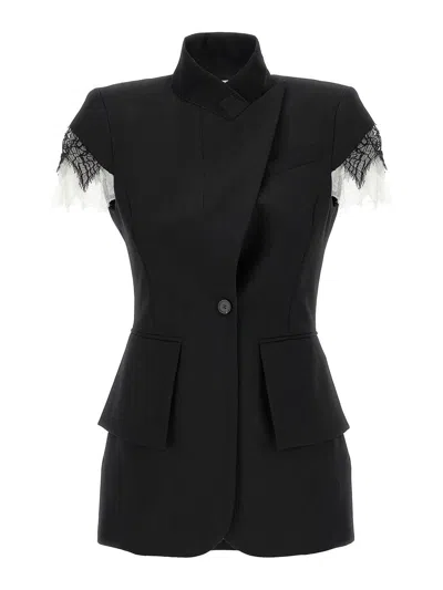 Alexander Mcqueen Asymmetrical Tailored Jacket With Lace Detailing In Black
