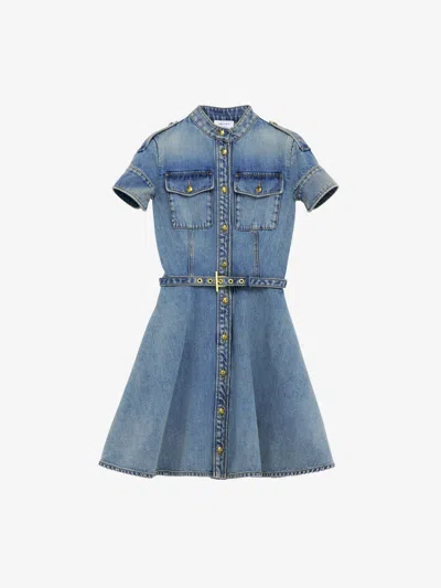 Alexander Mcqueen Mcqueen Stonewashed Denim Mini Dress In Blue