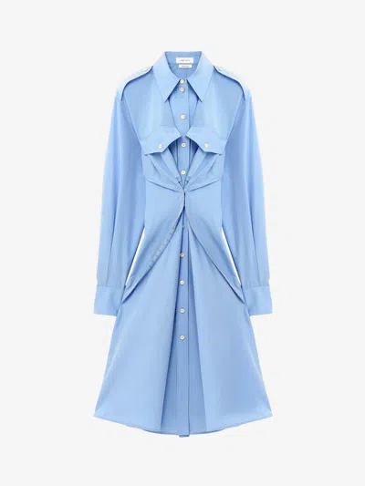 Alexander Mcqueen Mcqueen Long Sleeve Gathered Cotton Blend Shirtdress In Blue