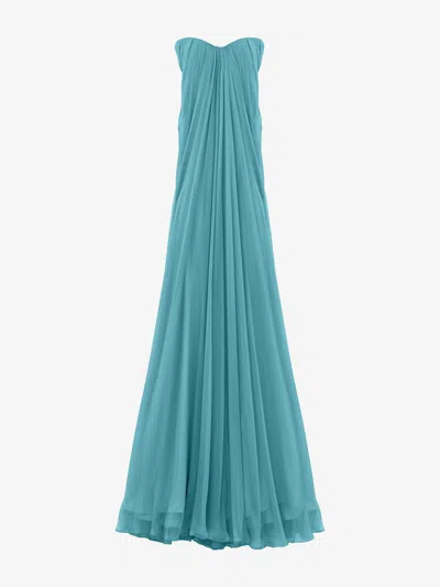 Alexander Mcqueen Mcqueen Silk Pleated Strapless Gown In Green