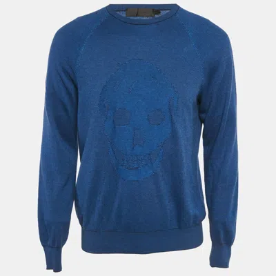 Pre-owned Alexander Mcqueen Blue 3d Skull Embossed Cotton Knit Sweater L