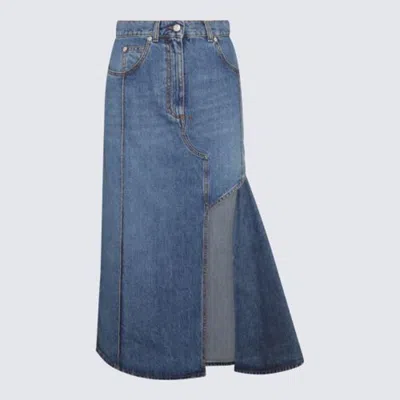 Alexander Mcqueen Blue Cotton Slashed Denim  Skirt