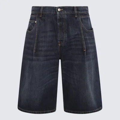 Alexander Mcqueen Leather-logo-patch Denim Shorts In Blue