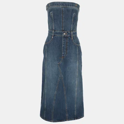 Pre-owned Alexander Mcqueen Blue Denim Bustier Midi Dress S