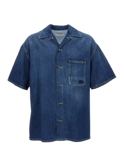 Alexander Mcqueen Blue Denim Effect Short Sleeve Shirt In Cotton Man In Multicolor