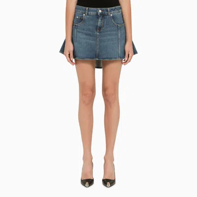 ALEXANDER MCQUEEN BLUE DENIM MINISKIRT WITH LEATHER PATCH AND BACK RUFFLES FOR WOMEN