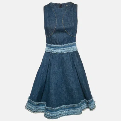 Pre-owned Alexander Mcqueen Blue Denim Raw Edge Flared Mini Dress S