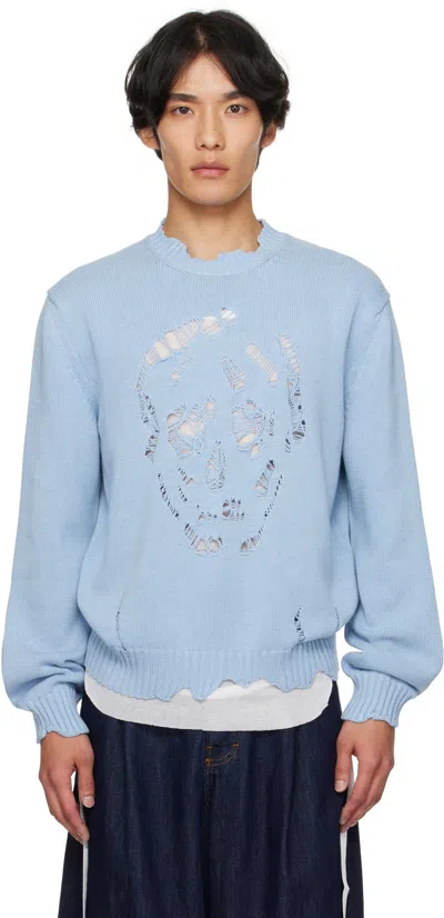 ALEXANDER MCQUEEN BLUE DISTRESSED SKULL SWEATER