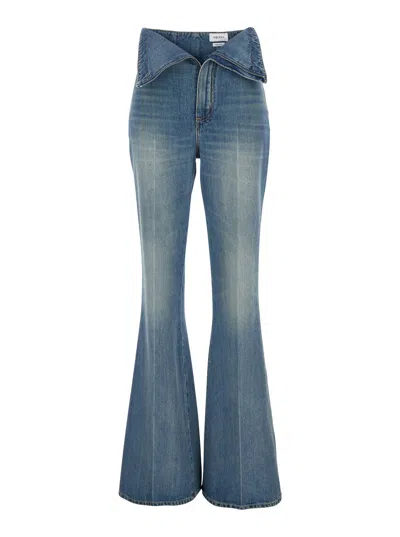 ALEXANDER MCQUEEN ALEXANDER MCQUEEN BLUE FLARED JEANS WITH FOLDOVER WAIST AND LOGO PATCH ON THE REAR IN DENIM WOMANAA