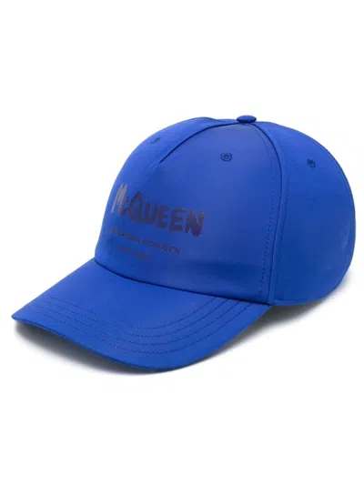 ALEXANDER MCQUEEN MEN BLUE GRAFFITI LOGO BASEBALL HAT, M LUXURY HATS FOR MEN DARVEYS
