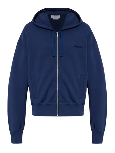 Alexander Mcqueen Full-zip Hooded Sweatshirt With Embroidered Detailing In Blue