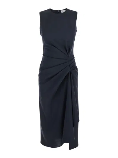 ALEXANDER MCQUEEN BLUE LONG DRESS WITH ROUND NECK WITH DRAPED DETAILS IN WOOL AND MOHAIR BLEND WOMAN