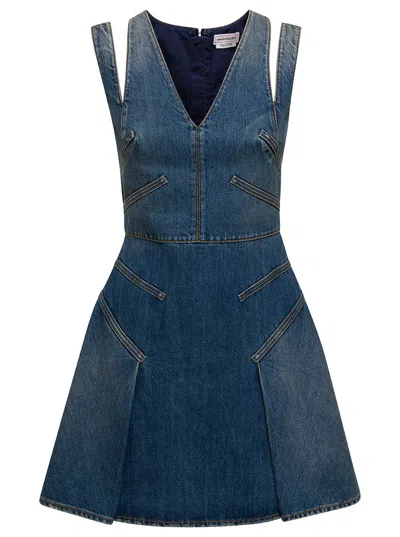 ALEXANDER MCQUEEN BLUE MINI DRESS WITH CUT-OUT DETAIL AND PLEATED SKIRT IN COTTON DENIM WOMAN