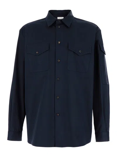 Alexander Mcqueen Blue Shirt With Pointed Collar In Cotton Man In Multicolor