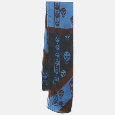 Pre-owned Alexander Mcqueen Blue Skull Print Modal Blend Scarf