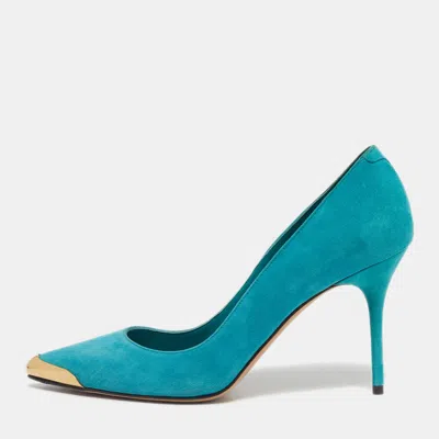 Pre-owned Alexander Mcqueen Blue Suede Pointed Toe Pumps Size 37.5