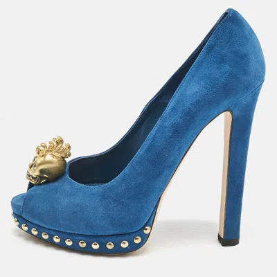 Pre-owned Alexander Mcqueen Blue Suede Skull Peep Toe Pumps Size 36.5