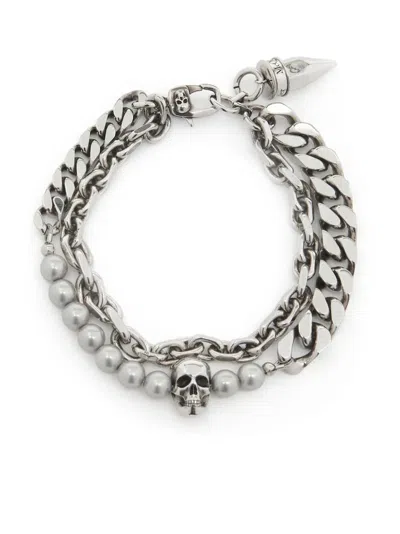 Alexander Mcqueen Bracelet With Pearls And Skull Studs In Silver