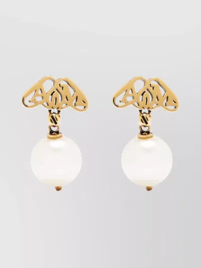 Alexander Mcqueen Brass Hardware Pearl Pendant Earrings In Beige