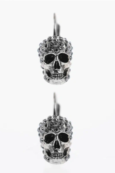 Alexander Mcqueen Brass Leverback Earrings With Skull Embellished Rhinestones In Metallic