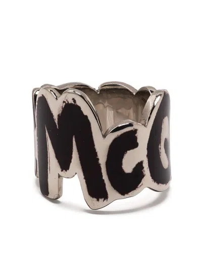 Alexander Mcqueen Brass Logo Ring In Black