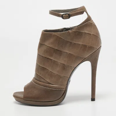 Pre-owned Alexander Mcqueen Brown Croc Embossed Leather Open Toe Ankle Boots Size 40 In Green