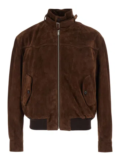 Alexander Mcqueen Men Brown Jacket With Belted Collar And Chain With T-back Detail In Suede Man