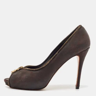 Pre-owned Alexander Mcqueen Brown Nubuck Leather Peep Toe Pumps Size 37.5