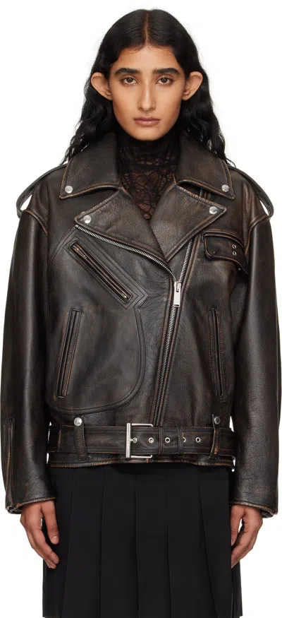 Alexander Mcqueen Brown Oversized Antiqued Leather Biker Jacket