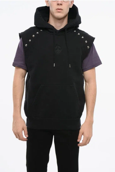 Alexander Mcqueen Brushed Cotton Sleeveless Hoodie With Studs In Black