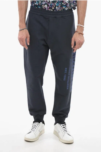 Alexander Mcqueen Brushed Cotton Sweatpants With Printed Logo In Blue
