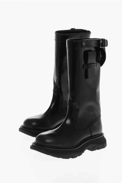 Alexander Mcqueen Brushed Leather Boots With Buckle