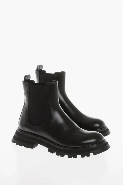 ALEXANDER MCQUEEN BRUSHED LEATHER CHEALSEA BOOTS WITH TANK SOLES