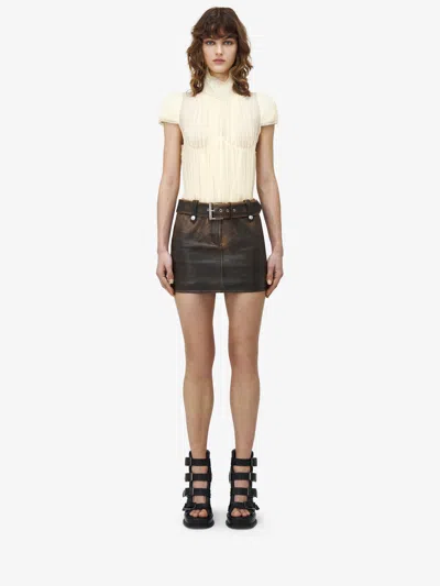 Alexander Mcqueen Brushed Leather Mini Skirt In Dark Brown