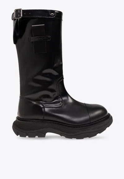 Alexander Mcqueen Buckle Strap Leather Boots In Black