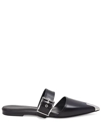 Alexander Mcqueen Leather Pointed Mules With Buckle In Black