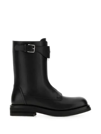 Alexander Mcqueen Leather Boots Buckle Detail Round Toe In Black