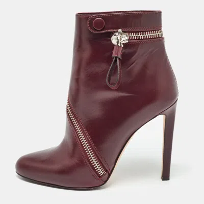 Pre-owned Alexander Mcqueen Burgundy Leather Spiral Zip Detail Ankle Boots Size 39