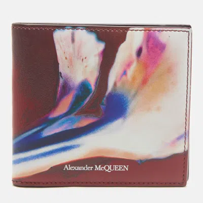 Pre-owned Alexander Mcqueen Burgundy Solarised Flower Print Leather Bifold Wallet