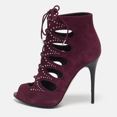 Pre-owned Alexander Mcqueen Burgundy Suede Ankle Length Studded Cut Out Ankle Boots Size 37