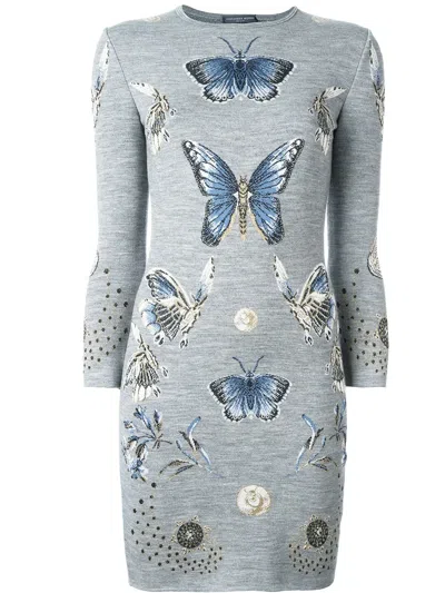 Alexander Mcqueen Butterfly Jacquard Knit Dress In Gray