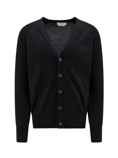 Alexander Mcqueen Buttoned Logo Embroidered Cardigan In Black