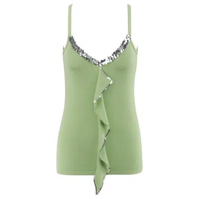 Pre-owned Alexander Mcqueen C.1990s Green Stretch Knit Sequin Ruffle Tank Top